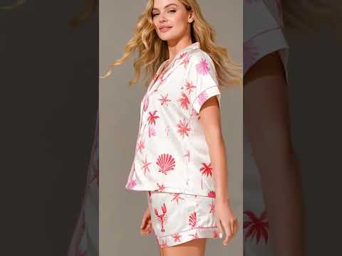 PJ-354-Alabaster Silk Coastal Pajama Apparel, Crimson Palm Graphic Loungewear Sleepwear Collection Raiment