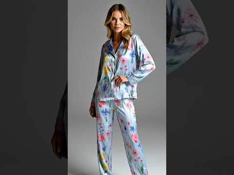 PJ-265-Satin Colorful Watercolor Floral White Piping Button Up Pajama Set