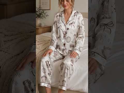 PJ-453-White Satin Cowgirl Pajama Apparel, Brown Boot Pattern Sleeve Loungewear Sleepwear Collection Clothing