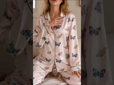PJ-383-Pink Satin Butterfly Pajama Apparel, Blue Insect Pattern Sleeve Loungewear Sleepwear Collection
