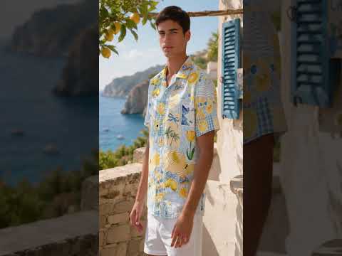 HW-417-Vibrant Italian Lemon And Sunny Seaside Patchwork Print Breathable Vacation Wear Hawaiian Shirt