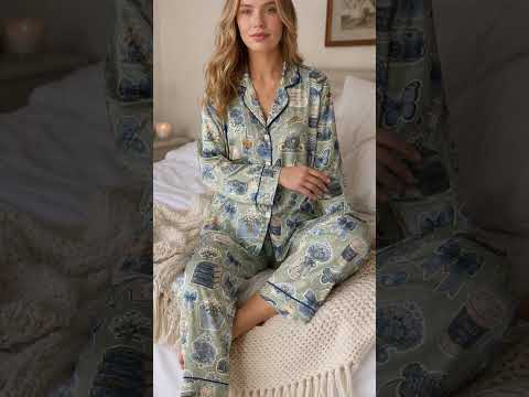 PJ-422-Enchanted Storybook and Blue Bow Motif Sage Green Satin Lounge Set