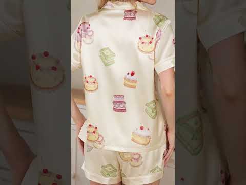 PJ-356-Satin Cake Pajama Apparel, Colorful Dessert Pattern Sleeve Loungewear Sleepwear Collection Clothing