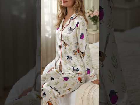 PJ-452-White Satin Bird Pajama Apparel, Colorful Robin Pattern Sleeve Loungewear Sleepwear Collection Clothing