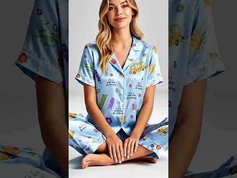 PJ-278-Satin Colorful Back to School White Piping Button Up Pajama Set