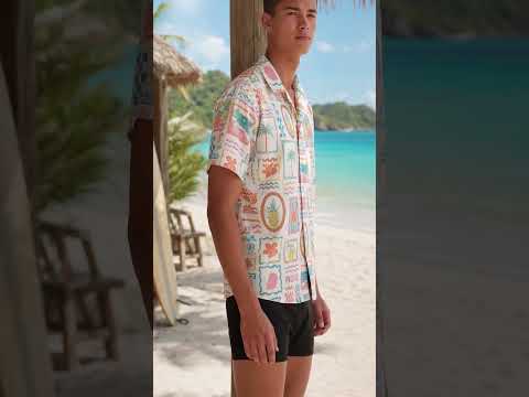 HW-410-Vintage Pastel Pineapple and Palm Beach Framed Graphic Short Sleeve Hawaiian Camp Shirt