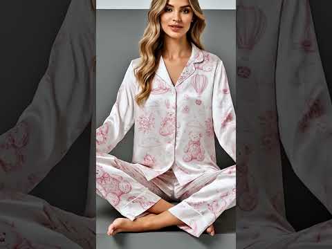 PJ-312-Vintage Toy Animal Sketch Print Satin Button Down Pajama Set