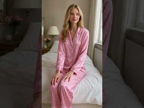 PJ-475-Rose Silk Retro Sakura Pajama Apparel, Colorful Botanical Graphic Loungewear Sleepwear Collection Top Bottom Raiment