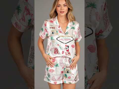 PJ-362-White Satin Flamingo Pajama Apparel, Vegas Motif Pattern Sleeve Loungewear Sleepwear Collection Nightwear