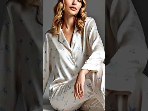 PJ-316-Cream Satin Floral Pajama Set, Blue Blossom Sleeve Loungewear Sleepwear Collection Nightwear Boutique Outfit