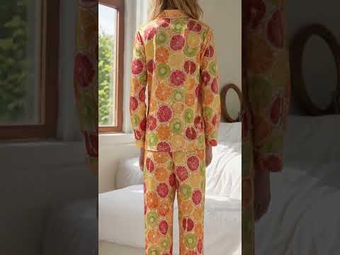 PJ-461-Orange Satin Fruit Pajama Apparel, Citrus Slice Pattern Loungewear Sleepwear Collection Top Bottom Clothing