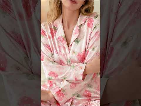 PJ-390-Pink Satin Strawberry Pajama Apparel, Red Berry Pattern Short Sleeve Loungewear Sleepwear Collection Clothing