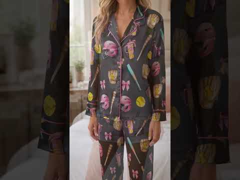 PJ-447-Coquette Baseball Pink Bow Helmet And Yellow Ball Graphic Satin Match Team Pajama Set