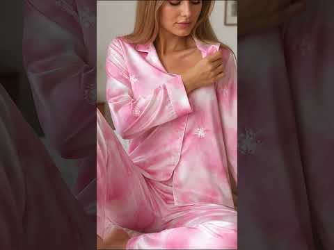 PJ-384-Pink Satin Watercolor Pajama Apparel, Rose Blossom Pattern Sleeve Loungewear Sleepwear Collection Nightwear