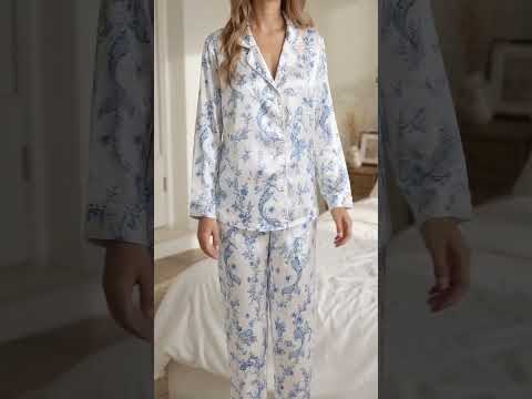 PJ-455-Elegant Blue Mermaid And Sea Coral Print White Satin Button Down Lounge Pajama Set
