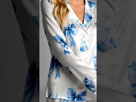 PJ-286-Minimalist Ribbon Art Satin Pajama Set, Patterned Ocean Tone Lounge Underwear Nightdress Coordinates Clothing