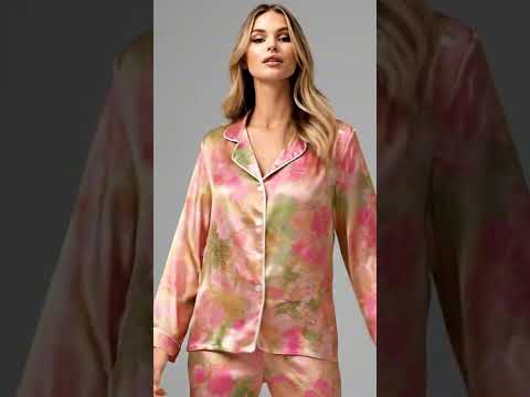 PJ-290-Vintage Flower Printed Satin Pajama Set, Whimsical Blossom Pastel Unisex Sleepwear Lounge Coordinates Suit