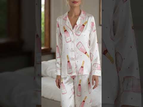 PJ-443-Pearl Satin Novelty Pajama Apparel, Elegant Alcohol Layout Short Sleeve Loungewear Sleepwear Collection Garments
