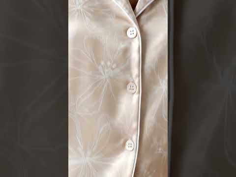 PJ-325-Champagne Satin Floral Pajama Set, White Blossom Sleeve Loungewear Sleepwear Collection Nightwear Boutique