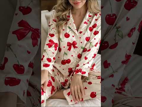 PJ-389-White Satin Cherry Pajama Apparel, Red Bow Pattern Short Sleeve Loungewear Sleepwear Collection Clothing
