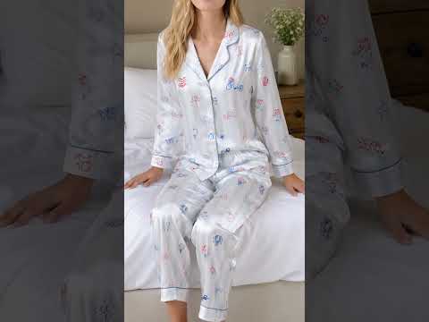 PJ-398-Pearl Satin Independence Pajama Apparel, Elegant Stripe Layout Short Sleeve Loungewear Sleepwear Collection Garments