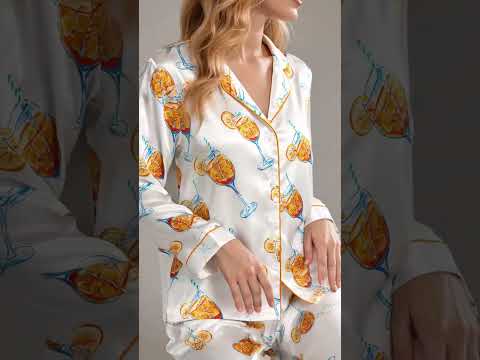 PJ-357-Pearl Satin Happy-Hour Pajama Apparel, Scattered Wineglass Layout Loungewear Sleepwear Collection Garments