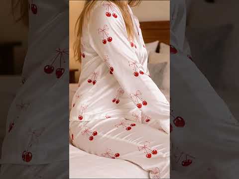 PJ-388-Alabaster Silk Cherry Pajama Apparel, Crimson Floral Graphic Loungewear Sleepwear Collection Raiment