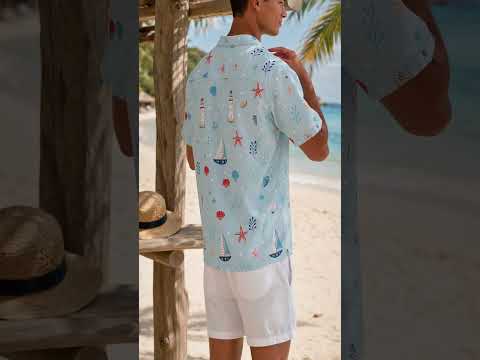 HW-415-Nautical Lighthouse Sailboat Starfish Shell Pattern Print Light Blue Resort Casual Button Down Shirt