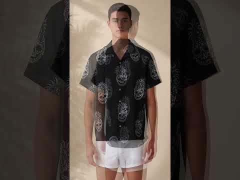 HW-457-Black Hawaiian Shirt White Pineapple Skull Gothic Tropical Beachwear Button Down