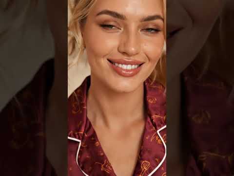 PJ-259-Burgundy Dental Hygiene Satin Pajama Set, Maroon Graphic Tooth Loungewear Sleepwear Collection Nightwear