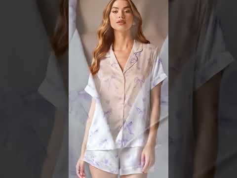PJ-288-Lavender Coquette Bow Satin Pajama Set, Purple Graphic Heart Loungewear Sleepwear Collection Nightwear