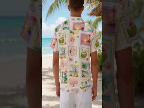 HW-411-Soft Pastel Beach Scenery Patchwork Print Camp Collar Short Sleeve Aloha Vacation Shirt