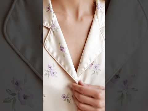 PJ-317-Patterned Violet Premium Satin Pajama Set, Light Ivory Short Button Front Clothing Bedtime Ensemble