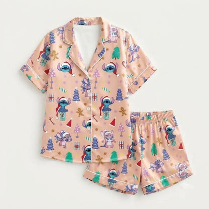 PJ-M2182-Disney Stitch Christmas Satin Pajama Set, Pink Holiday Alien Cartoon Sleepwear Gift