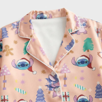 PJ-M2182-Disney Stitch Christmas Satin Pajama Set, Pink Holiday Alien Cartoon Sleepwear Gift