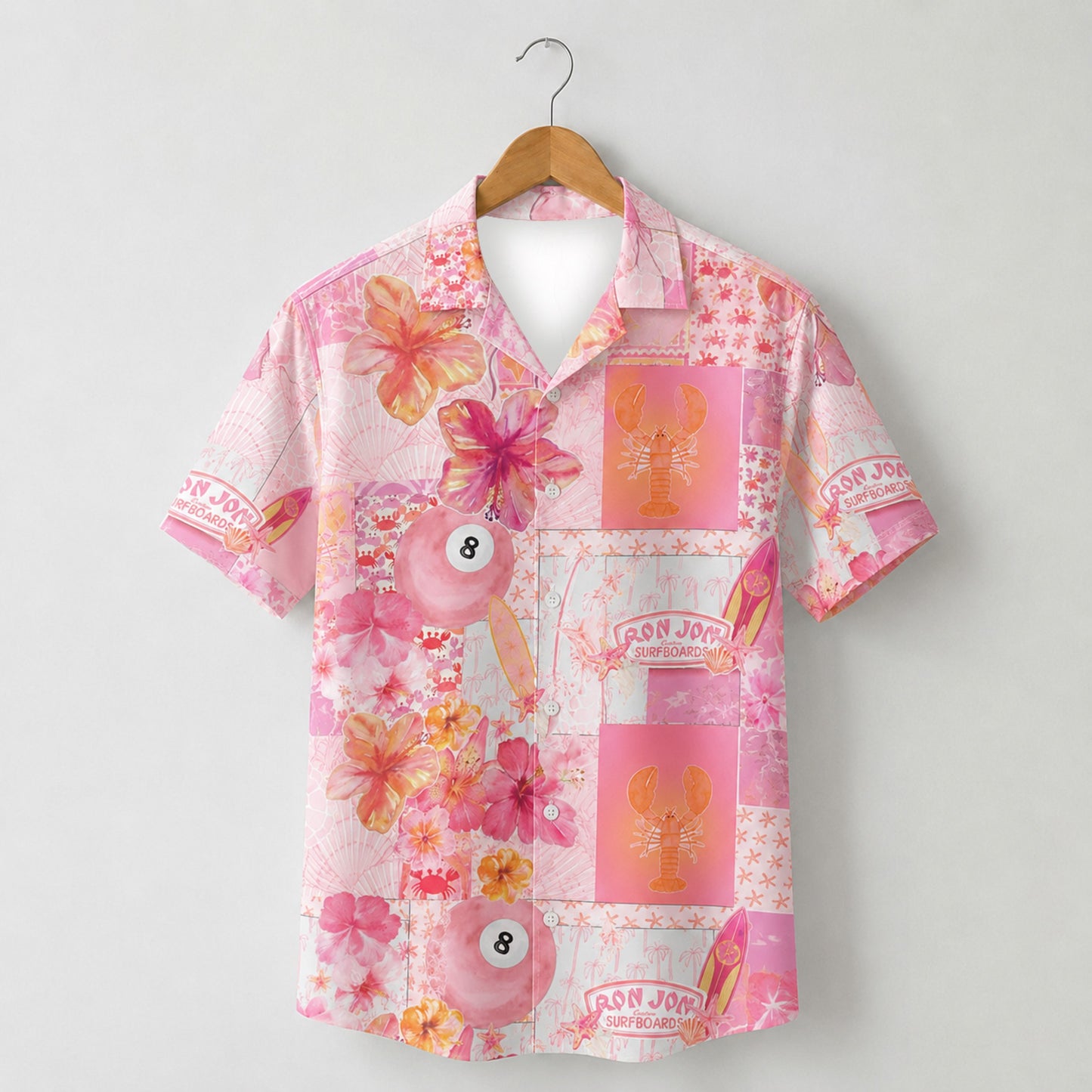 HW-M117-Retro Pink Patchwork Surfboard Lobster Eightball Hibiscus Floral Hawaiian Shirt Summer Beach Vacation Top