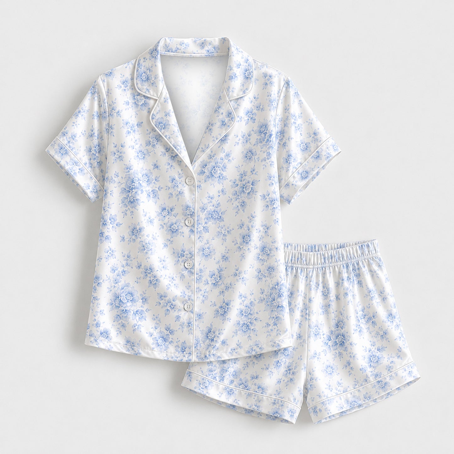 PJ-M160-Light Blue Floral Satin Pajama Set Ditsy Rose Two Piece Sleepwear Button Front Loungewear