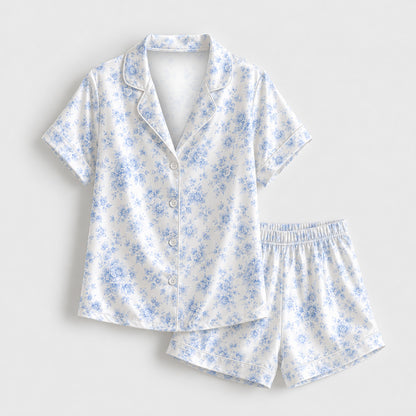 PJ-M160-Light Blue Floral Satin Pajama Set Ditsy Rose Two Piece Sleepwear Button Front Loungewear