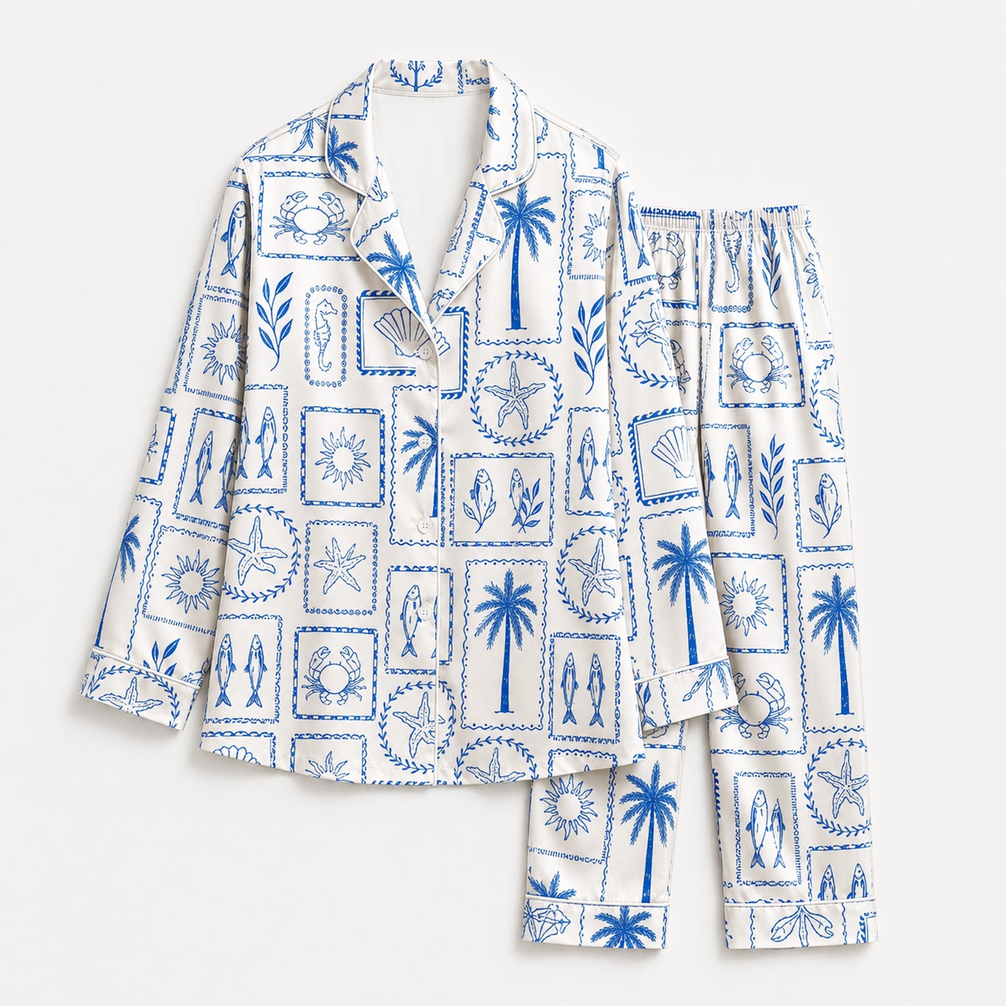 PJ-M148-Blue Coastal Shell Palm Crab Starfish Satin Pajama Set Sleepwear