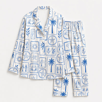 PJ-M148-Blue Coastal Shell Palm Crab Starfish Satin Pajama Set Sleepwear