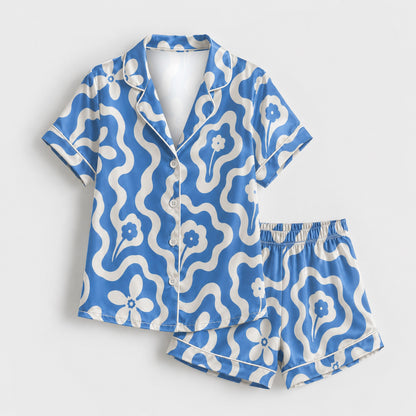 PJ-M197-Blue Satin Floral Pajama Apparel, Wavy Pattern Loungewear Sleepwear Collection Top Bottom Matching Clothing