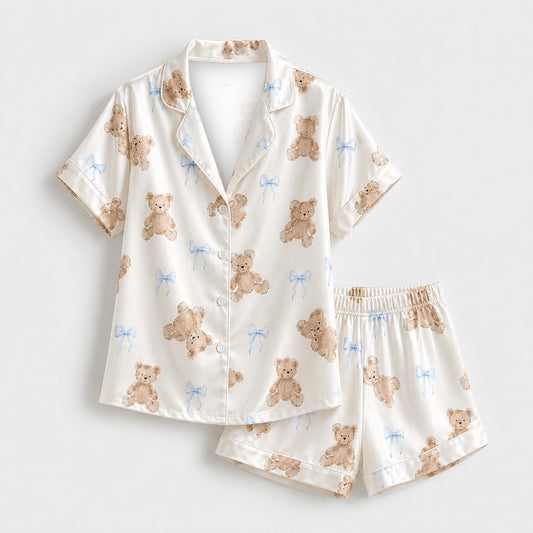 PJ-M275-Cozy Teddy Bear and Ribbon Satin Pajama Set with Soft Matching Sleepwear for Everyday Comfort