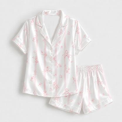 PJ-M184-Alabaster Satin Graphic Pajama Apparel, Elegant Flower Motif Layout Loungewear Sleepwear Collection Top Bottom Garments