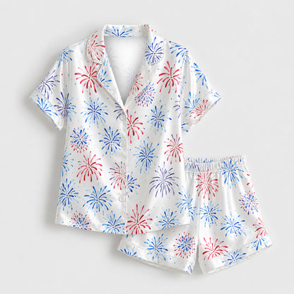 PJ-M200-Ivory Satin Sparkler Pajama Apparel, Sweet Printed Loungewear Sleepwear Collection Top Bottom Matching Attire