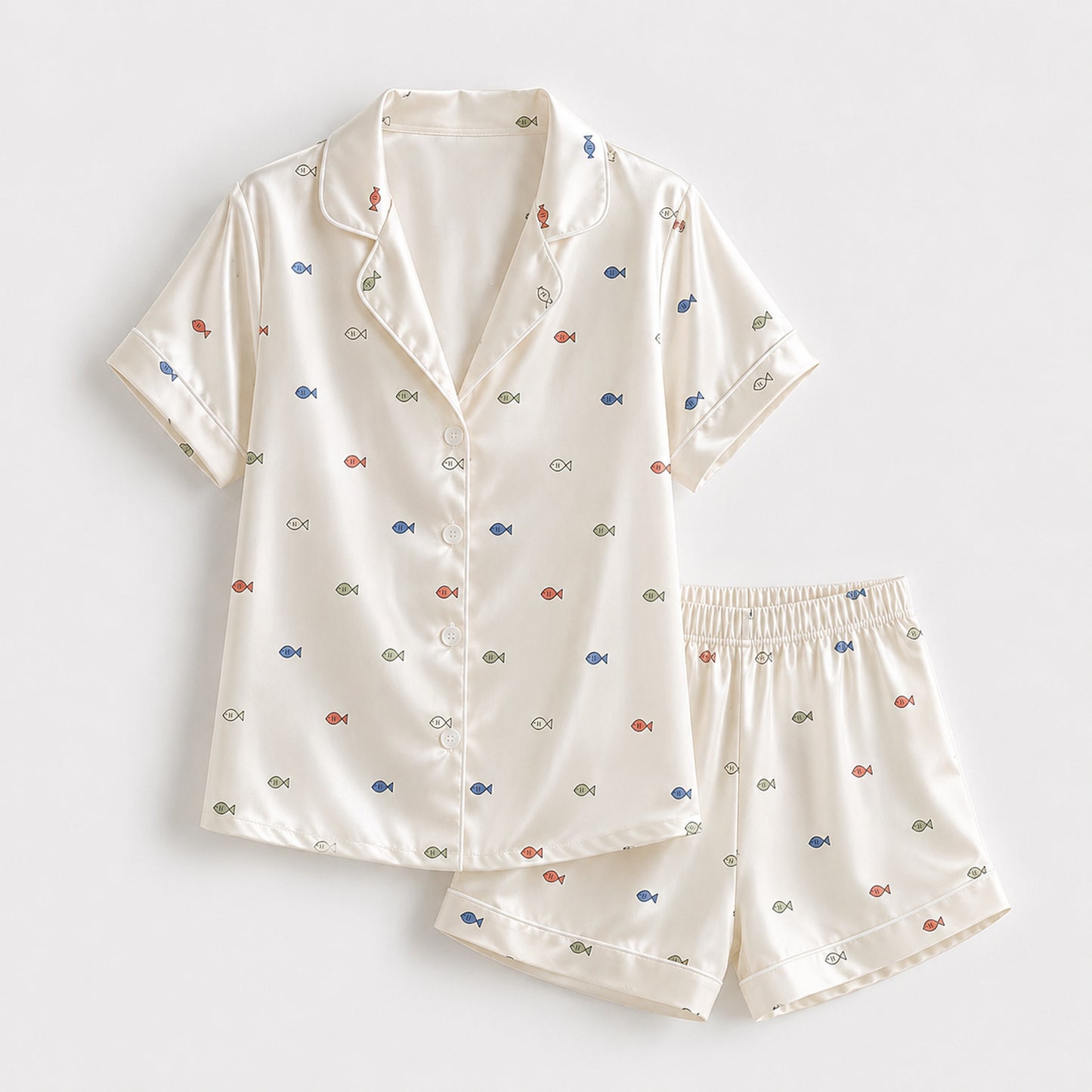 PJ-M181-Ditsy Fish Print Cream Satin Pajama Set Button Up Marine Sleepwear Loungewear