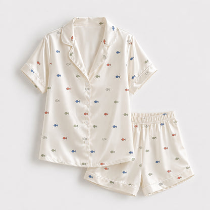 PJ-M181-Ditsy Fish Print Cream Satin Pajama Set Button Up Marine Sleepwear Loungewear
