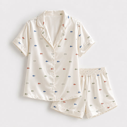 PJ-M181-Ditsy Fish Print Cream Satin Pajama Set Button Up Marine Sleepwear Loungewear