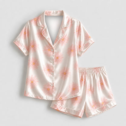 PJ-M174-Ivory Silk Aesthetic Pajama Apparel, Botanical Graphic Loungewear Sleepwear Collection Top Bottom Matching Raiment