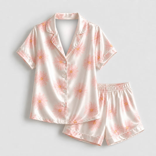 PJ-M174-Ivory Silk Aesthetic Pajama Apparel, Botanical Graphic Loungewear Sleepwear Collection Top Bottom Matching Raiment