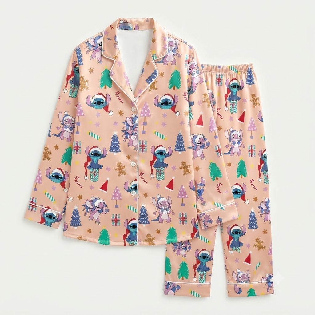 PJ-M2182-Disney Stitch Christmas Satin Pajama Set, Pink Holiday Alien Cartoon Sleepwear Gift